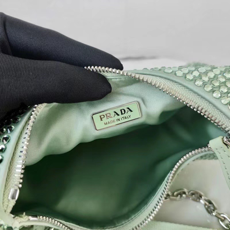 Pra*a re-edition 2005 bag in aqua satin with crystals