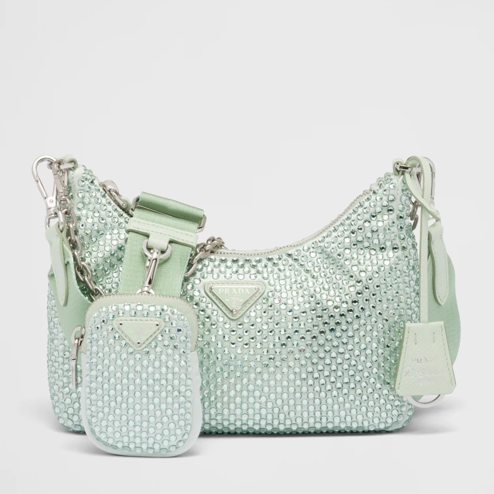 Pra*a re-edition 2005 bag in aqua satin with crystals