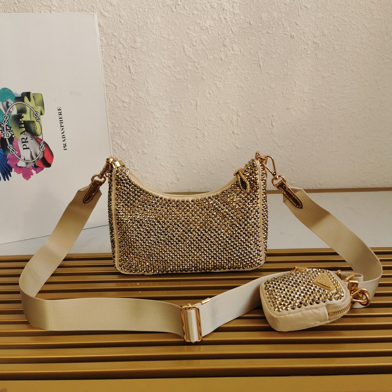 Pra*a re-edition 2005 bag in gold satin with crystal