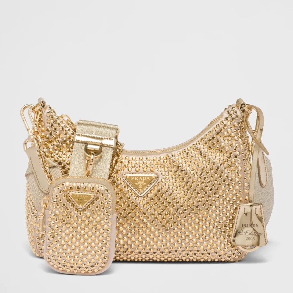 Pra*a re-edition 2005 bag in gold satin with crystal