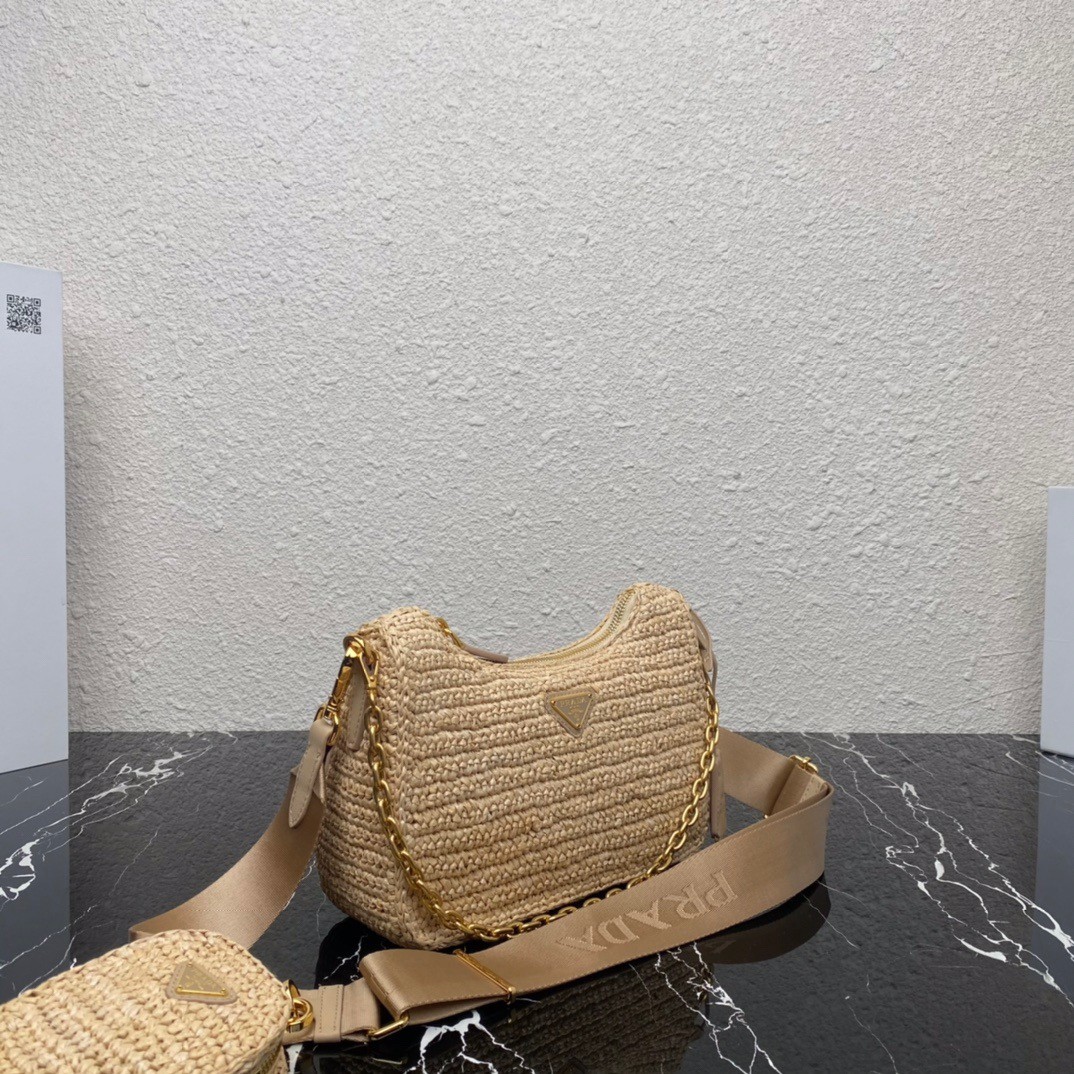 Pra*a re-edition 2005 shoulder bag in beige raffia