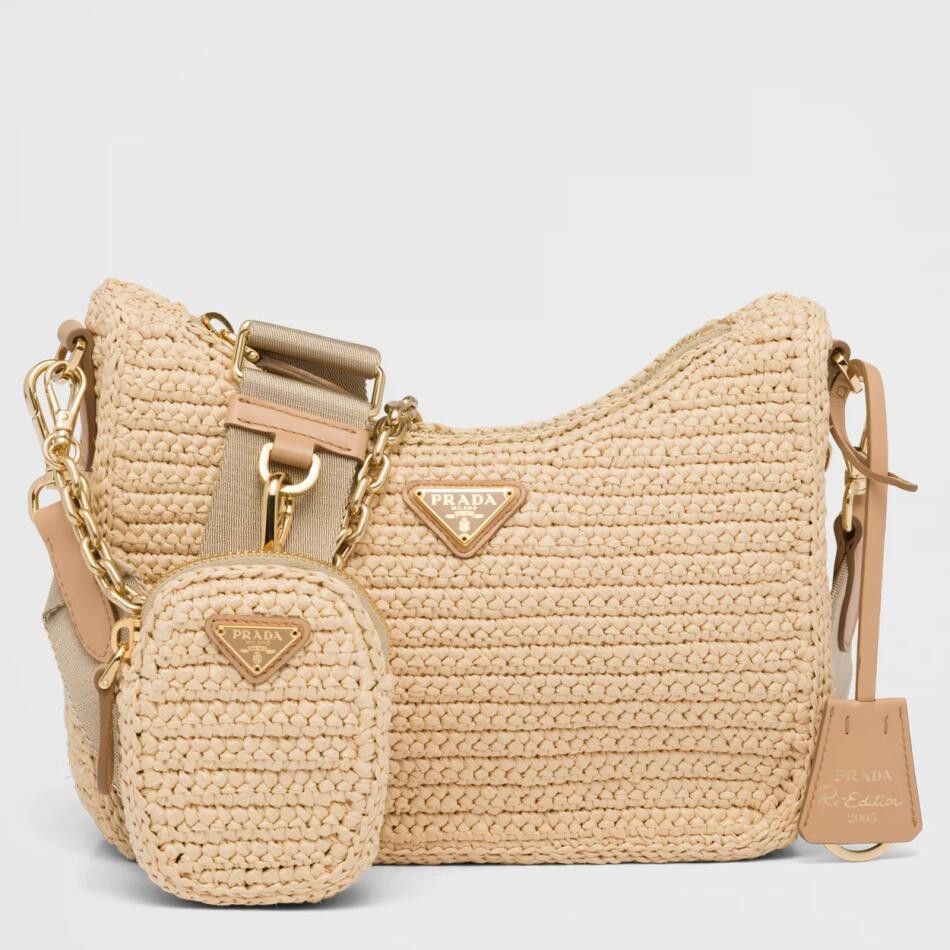 Pra*a re-edition 2005 shoulder bag in beige raffia