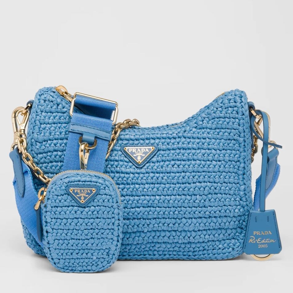 Pra*a re-edition 2005 shoulder bag in blue raffia