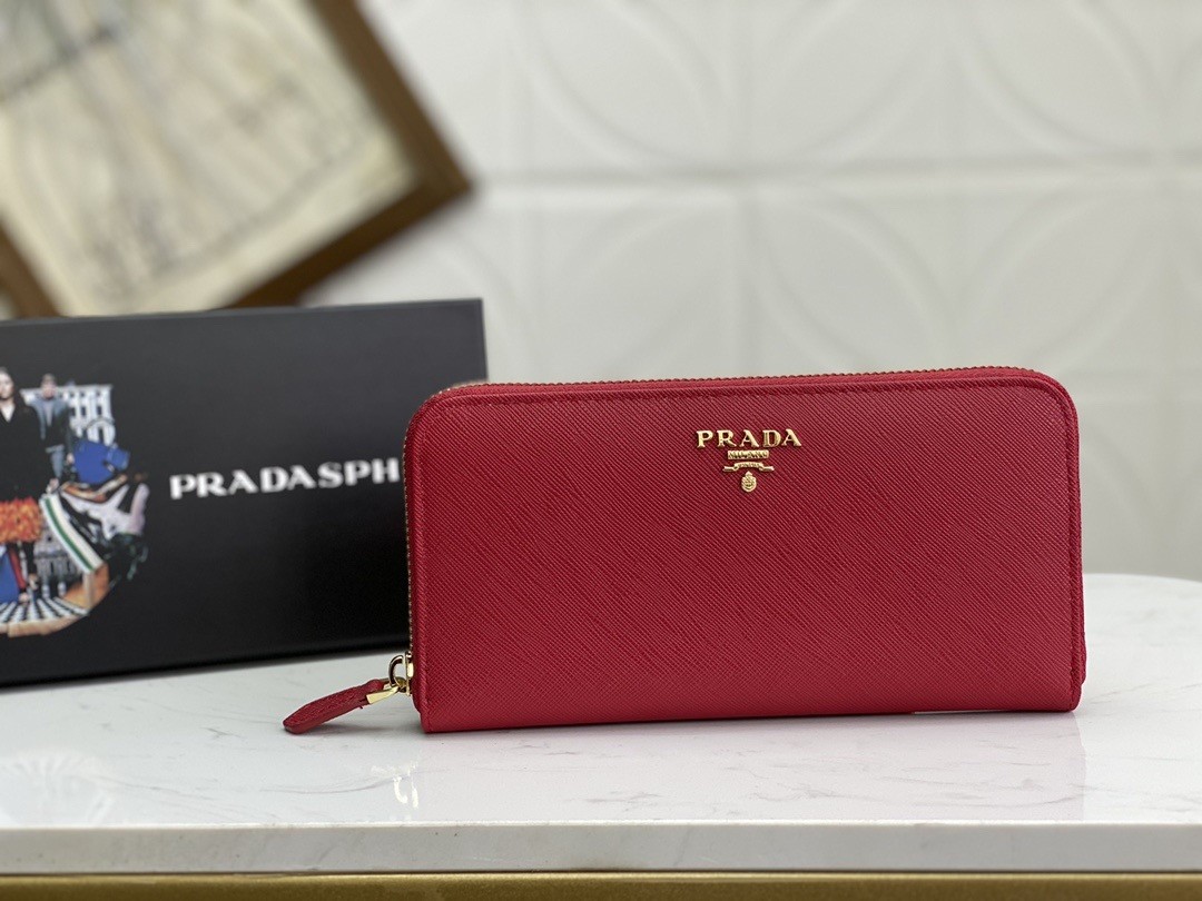 Pra*a zip around wallet in red saffiano calfskin