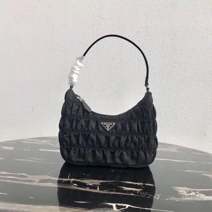 Pra*a mini hobo bag in black nylon and leather