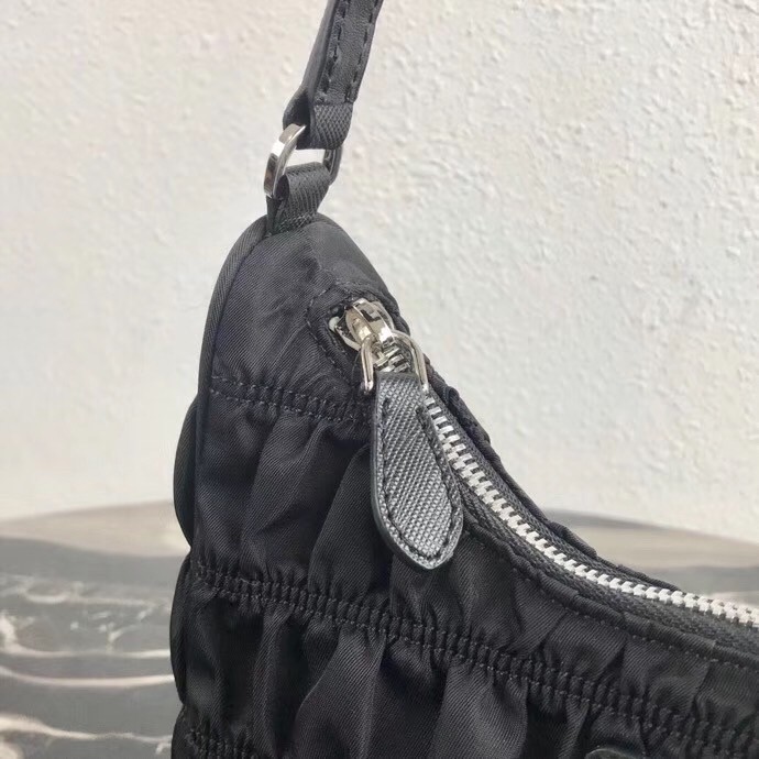 Pra*a mini hobo bag in black nylon and leather