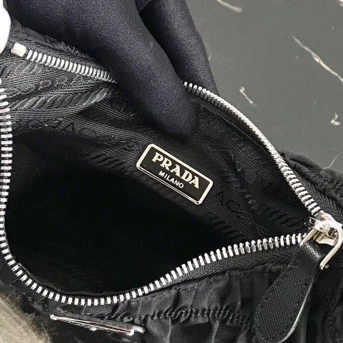 Pra*a mini hobo bag in black nylon and leather