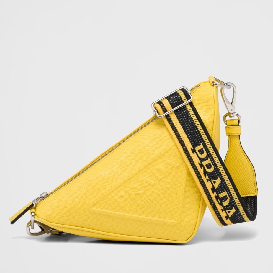 Pra*a triangle shoulder bag in yellow saffiano calfskin