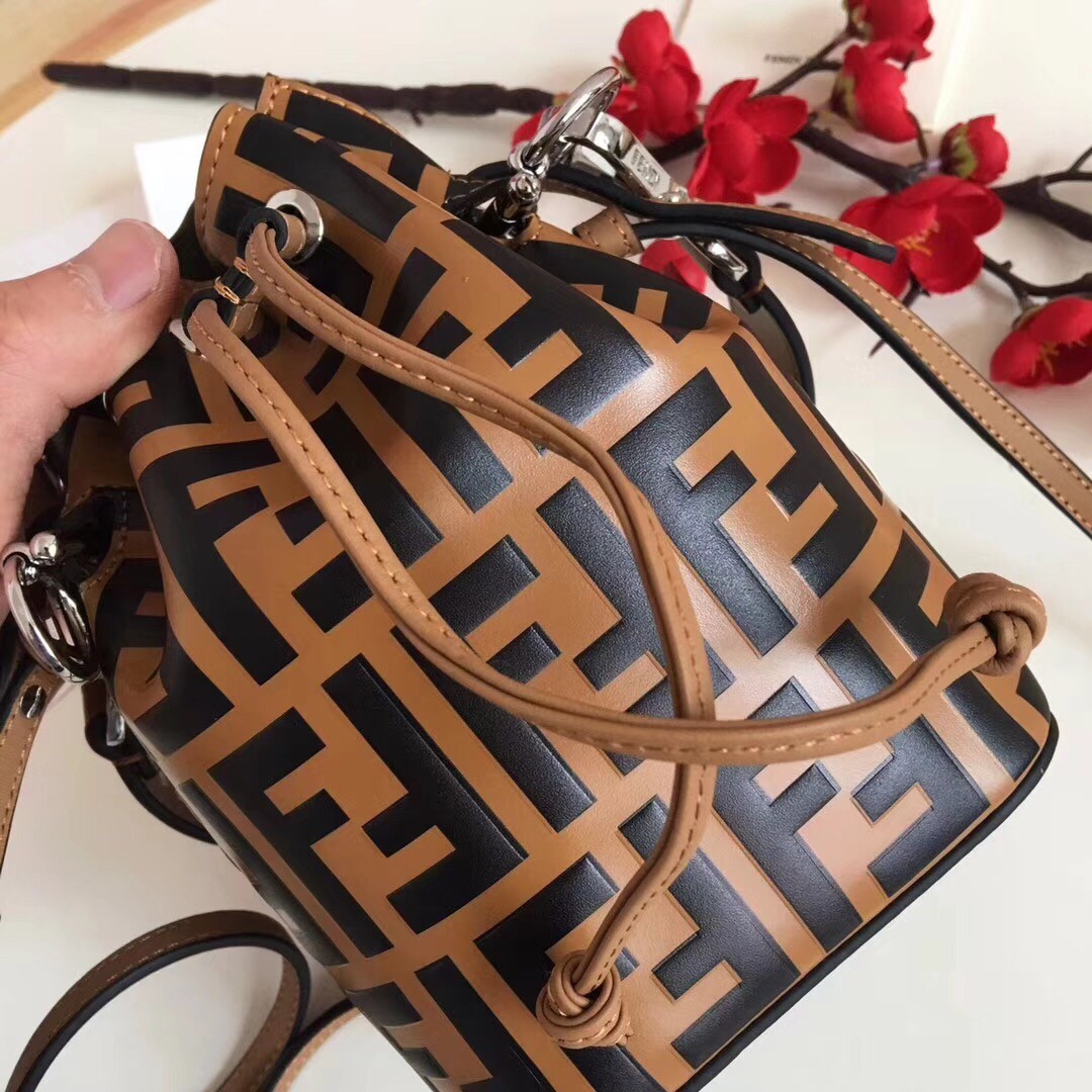 F**di ff mon tresor mini bucket bag in brown calfskin