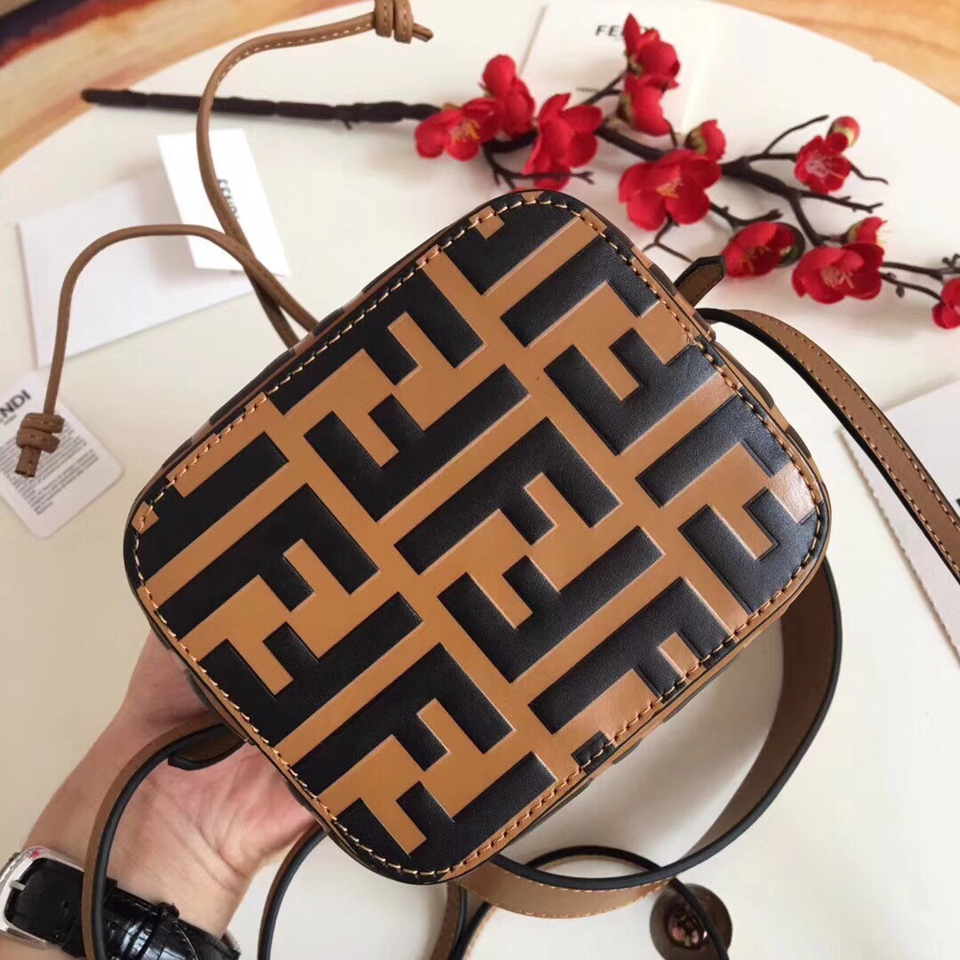 F**di ff mon tresor mini bucket bag in brown calfskin