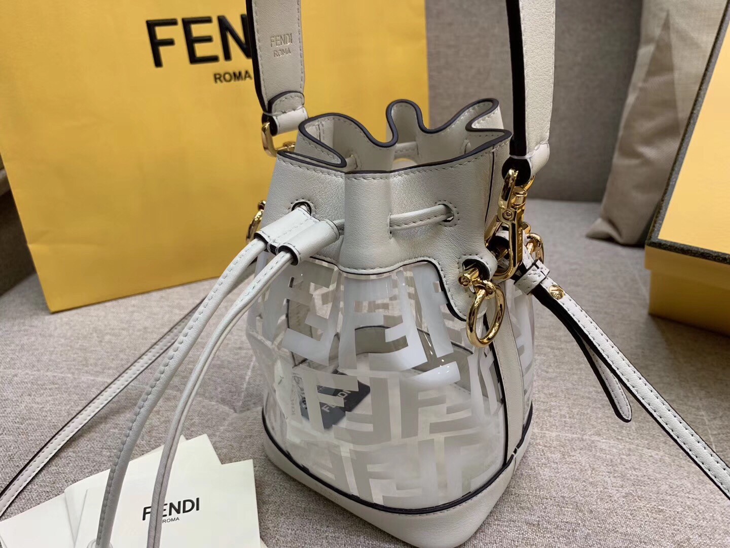 F**di white mon tresor mini bucket bag in transparent pu