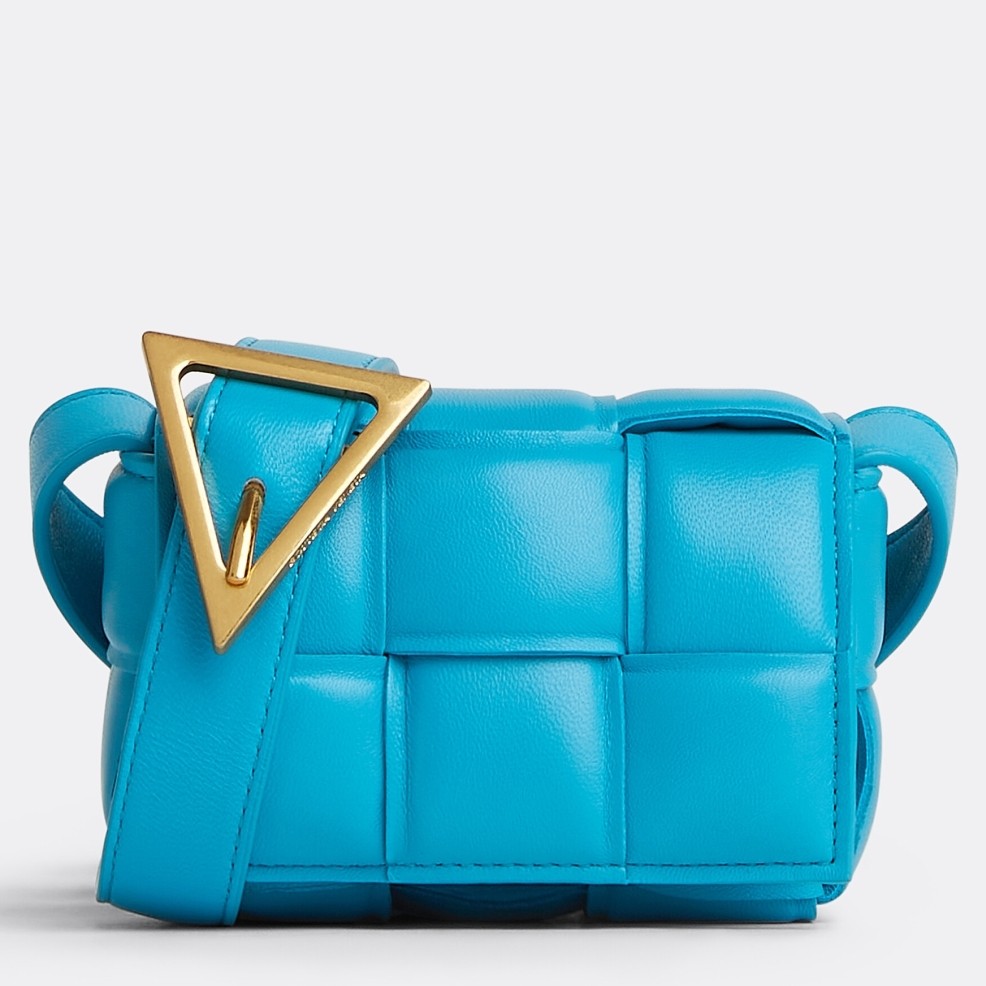 bo*te*ga Ve*ne*ta candy padded cassette bag in pool lambskin