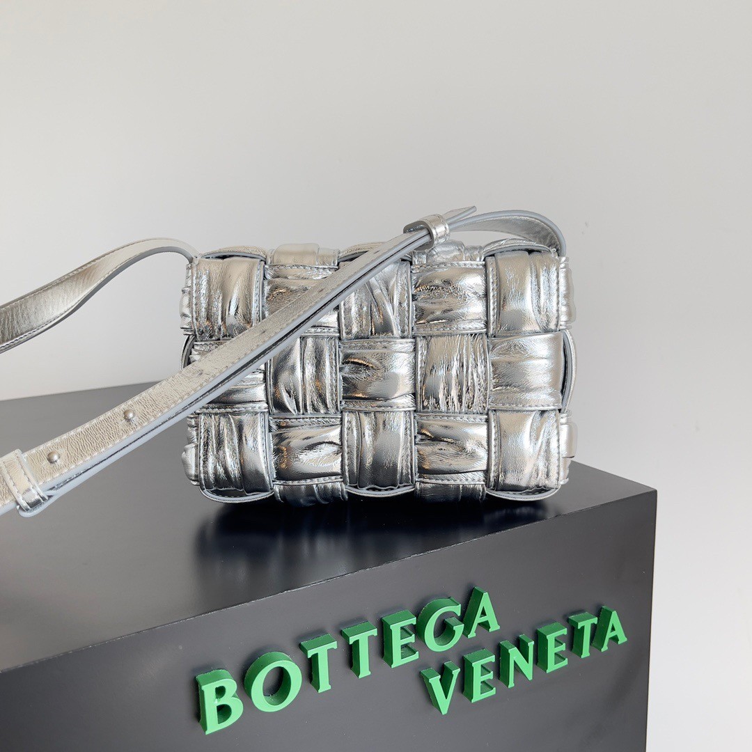 bo*te*ga Ve*ne*ta small cassette bag in silver metallic lambskin