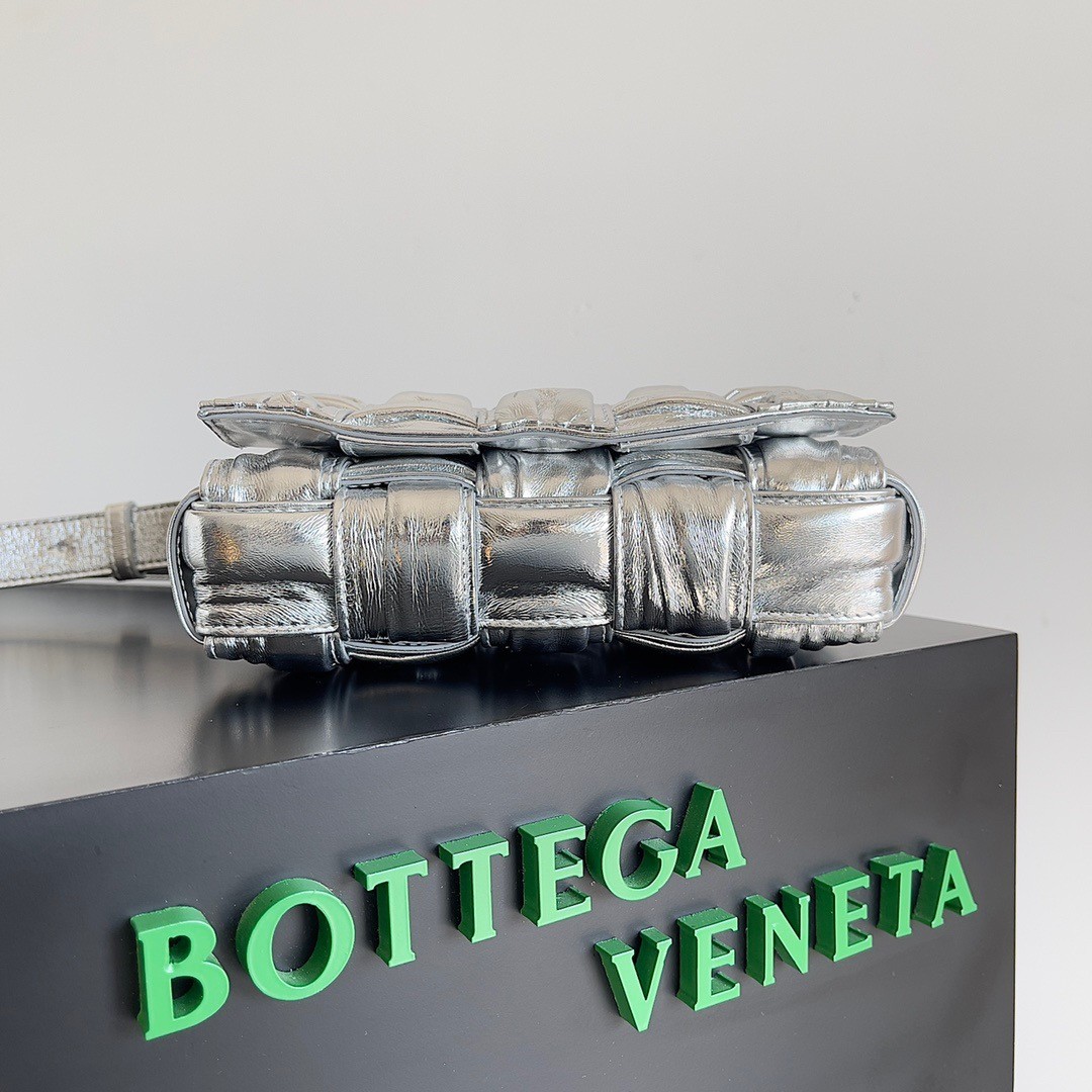 bo*te*ga Ve*ne*ta small cassette bag in silver metallic lambskin