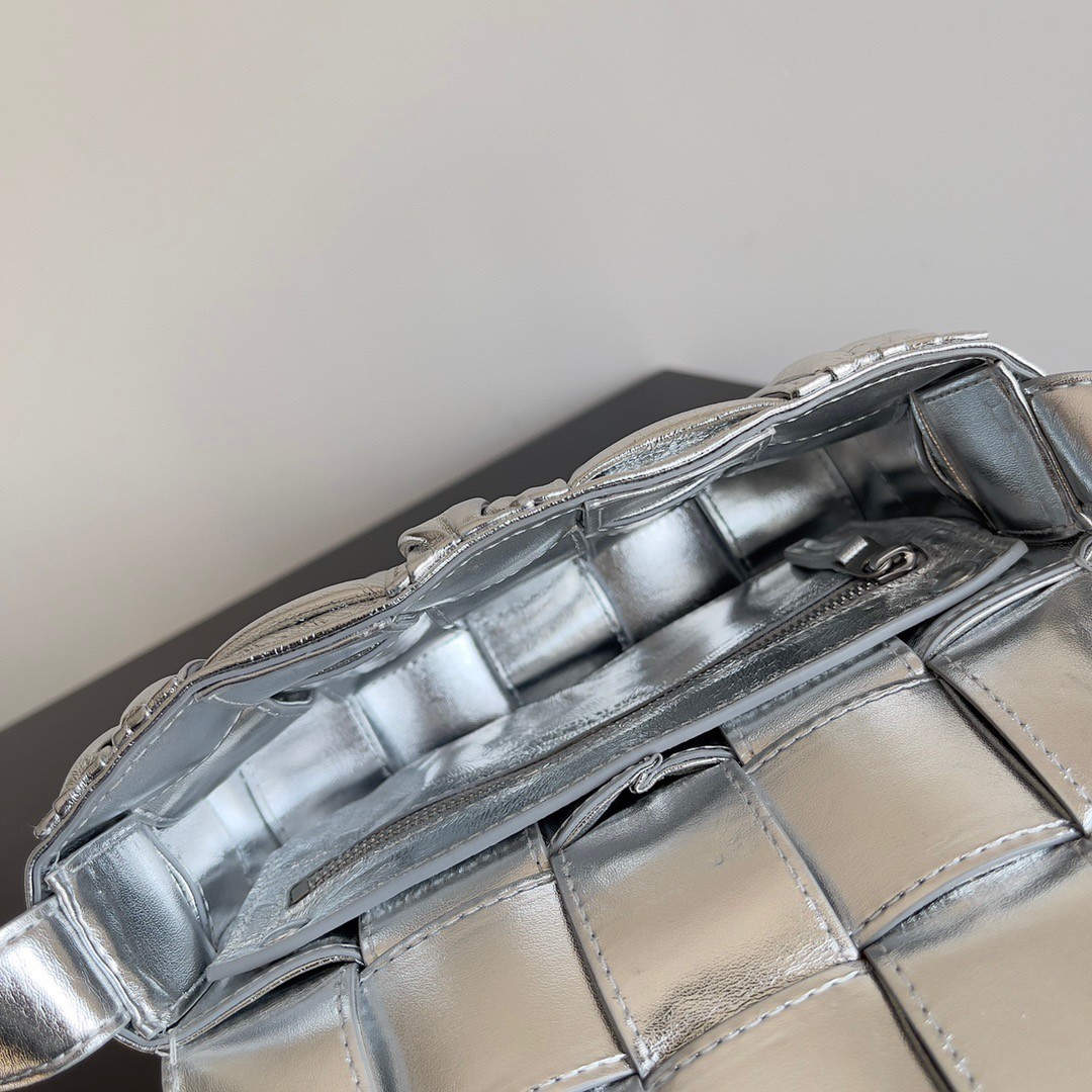 bo*te*ga Ve*ne*ta small cassette bag in silver metallic lambskin