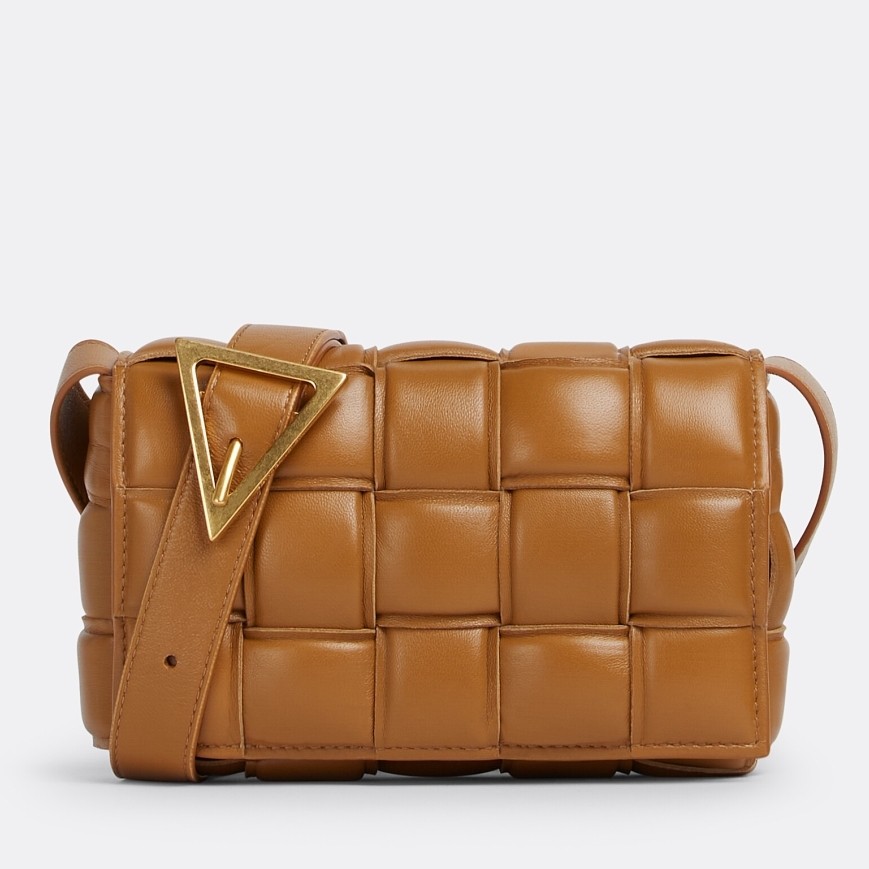 bo*te*ga Ve*ne*ta small padded cassette bag in camel lambskin