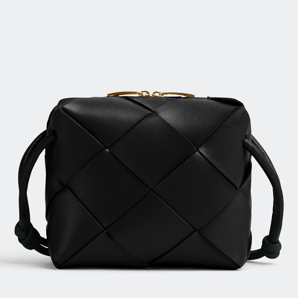 bo*te*ga Ve*ne*ta mini cassette camera bag in black lambskin