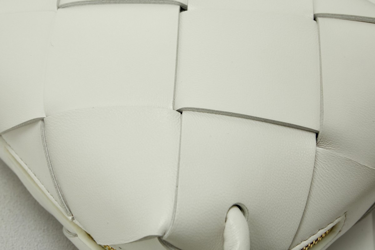 bo*te*ga Ve*ne*ta mini cassette camera bag in white lambskin