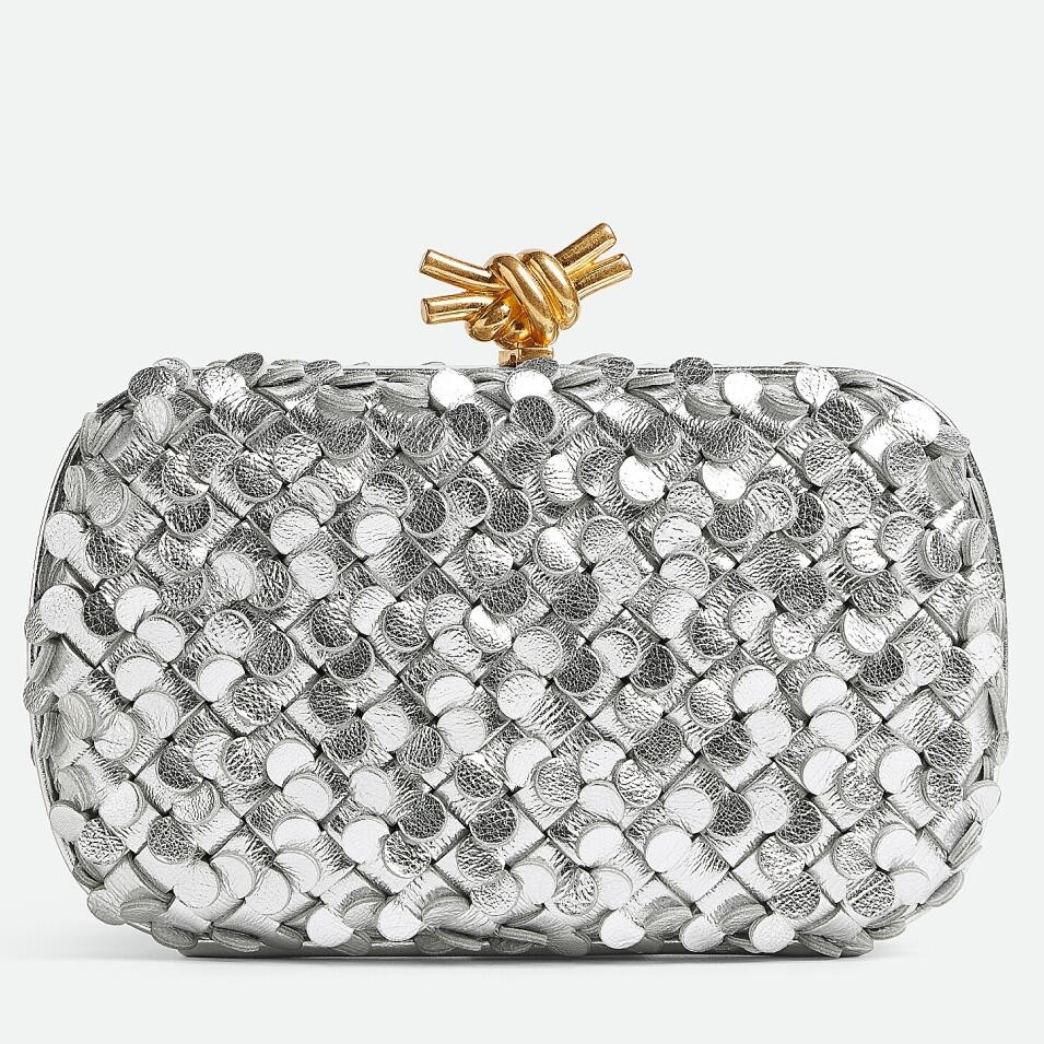 bo*te*ga Ve*ne*ta knot minaudiere clutch in silver sequins laminated leather