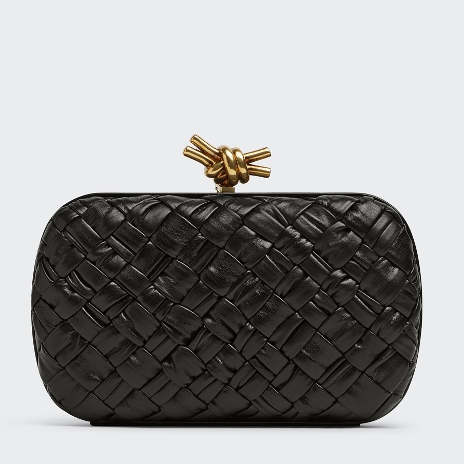 bo*te*ga Ve*ne*ta knot minaudiere clutch in black foulard intreccio leather
