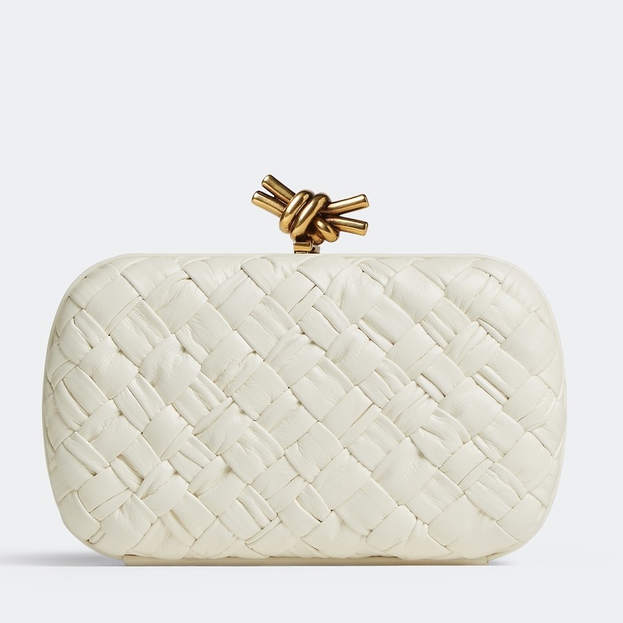 bo*te*ga Ve*ne*ta knot minaudiere clutch in white foulard intreccio leather