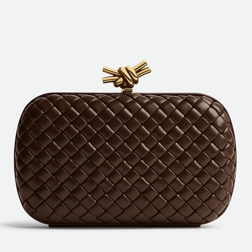 bo*te*ga Ve*ne*ta knot minaudiere clutch in bordeaux intrecciato lambskin