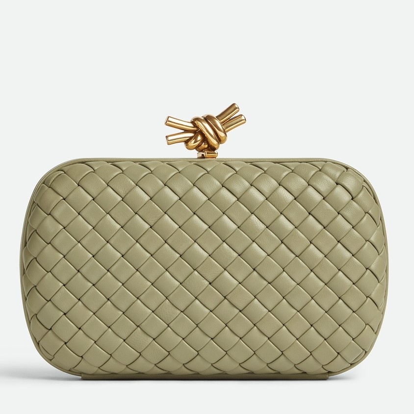 bo*te*ga Ve*ne*ta knot minaudiere clutch in travertine intrecciato lambskin