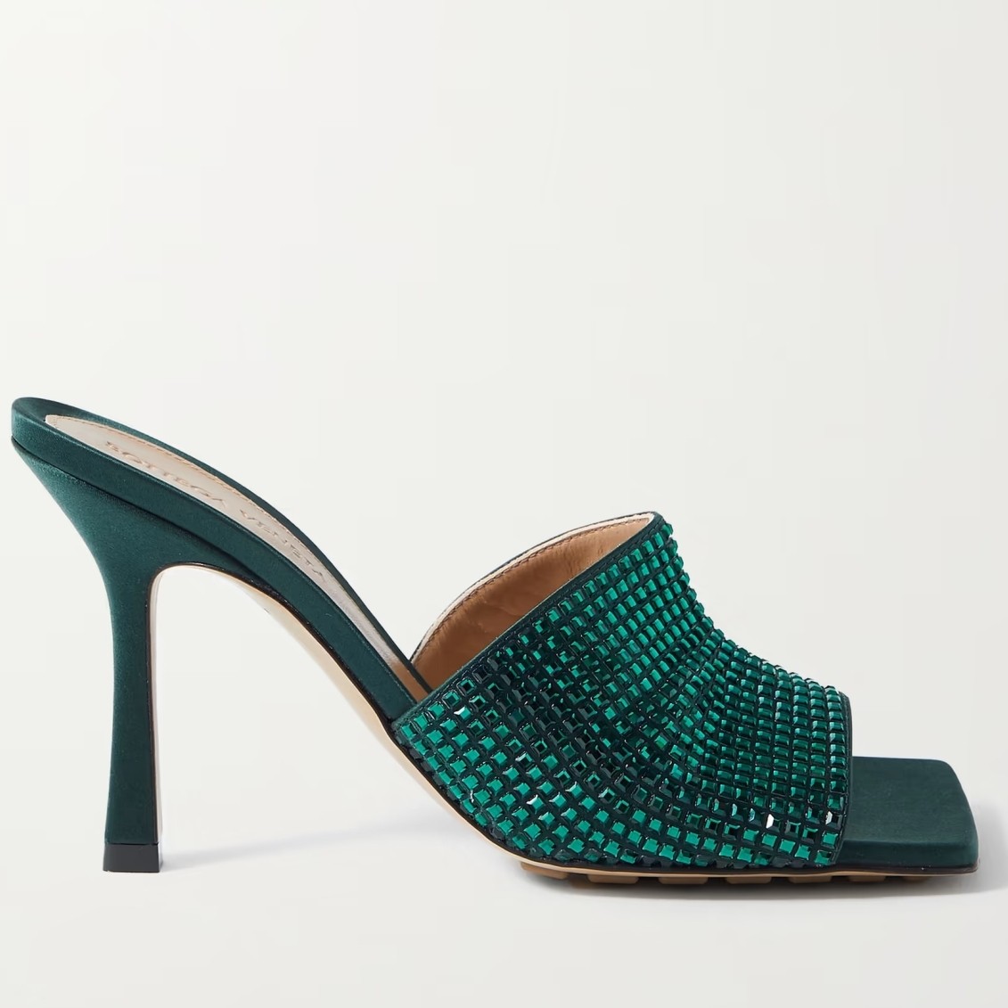 bo*te*ga Ve*ne*ta stretch mules 90mm in green strass-embellished satin