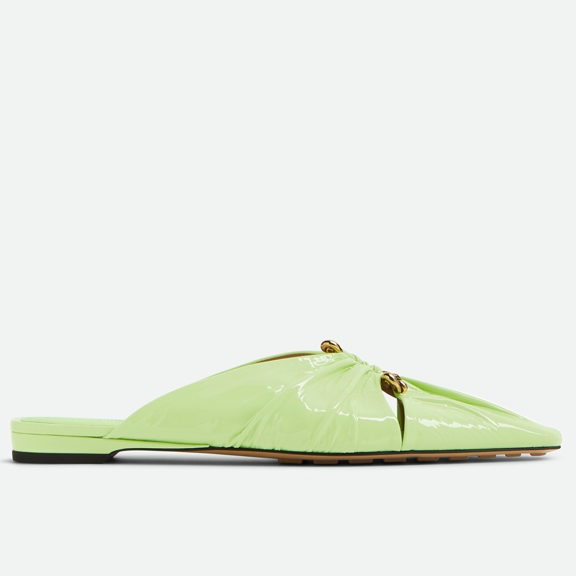 bo*te*ga Ve*ne*ta bunnie flat mules in fennel patent leather