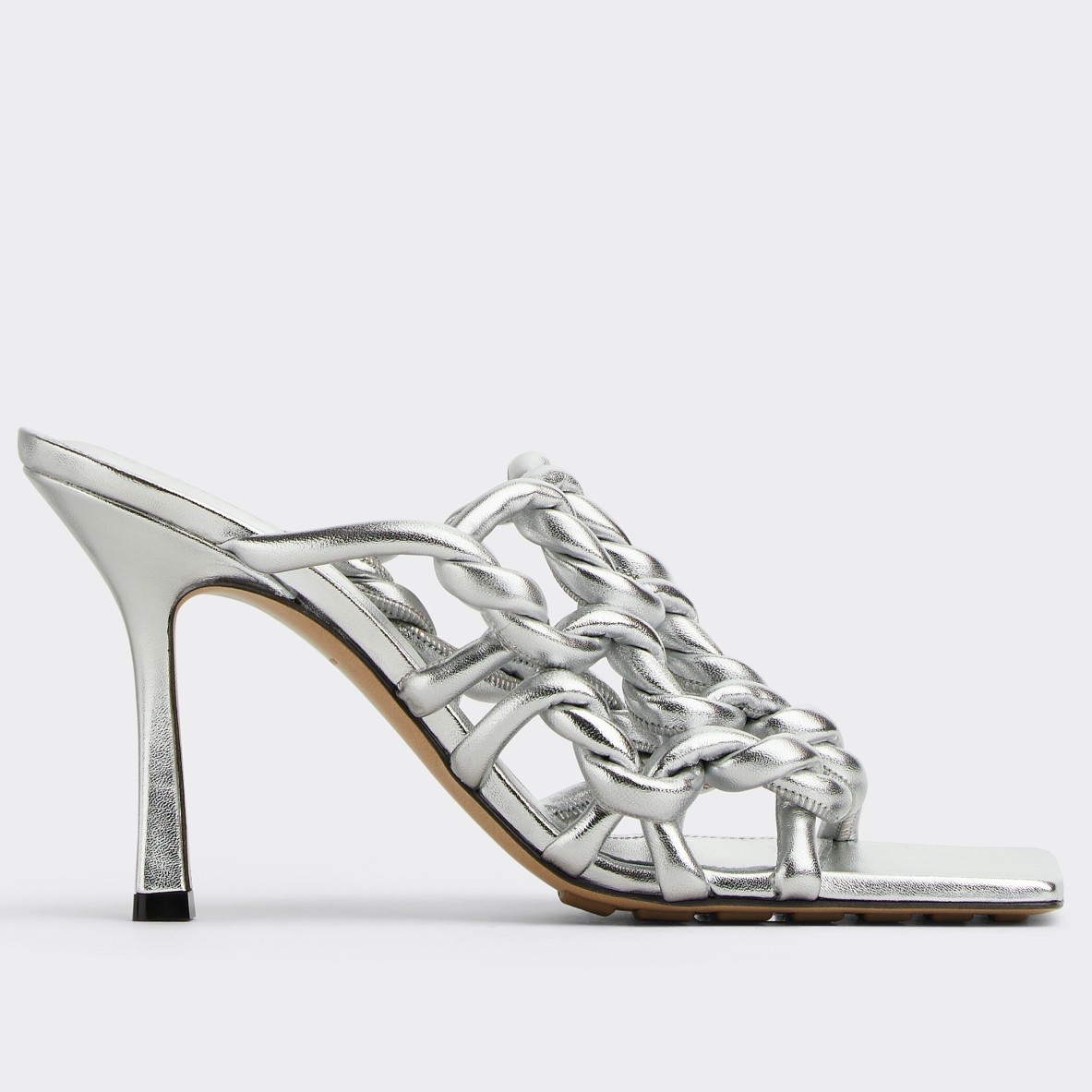 bo*te*ga Ve*ne*ta stretch twist sandals in silver metallic lambskin