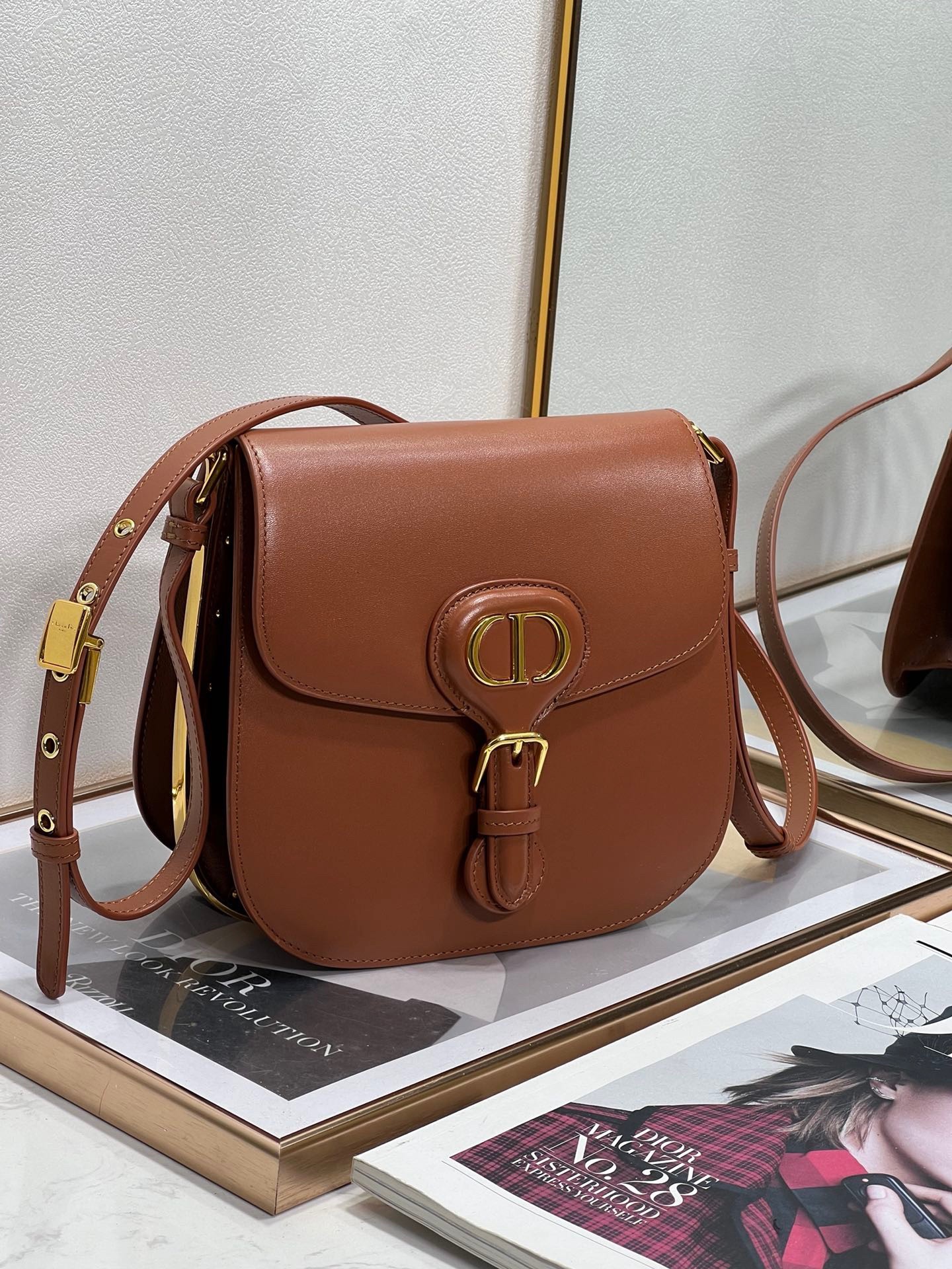 D*or bobby frame bag in brown box calfskin