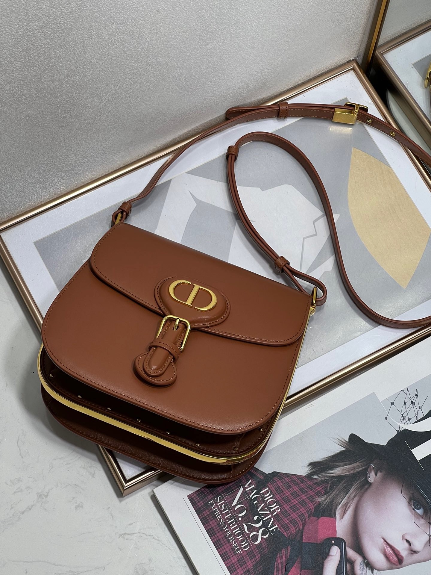 D*or bobby frame bag in brown box calfskin