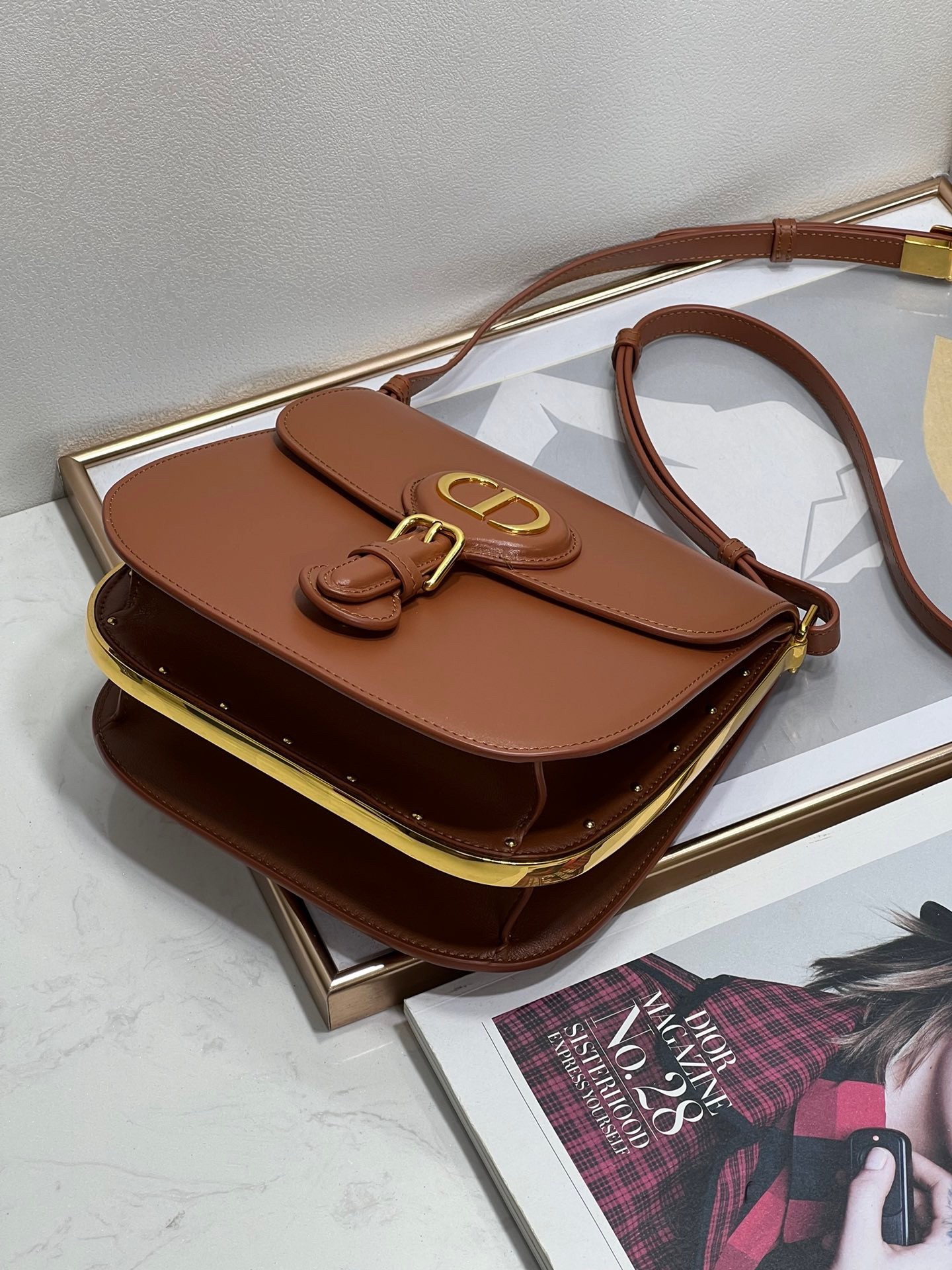D*or bobby frame bag in brown box calfskin