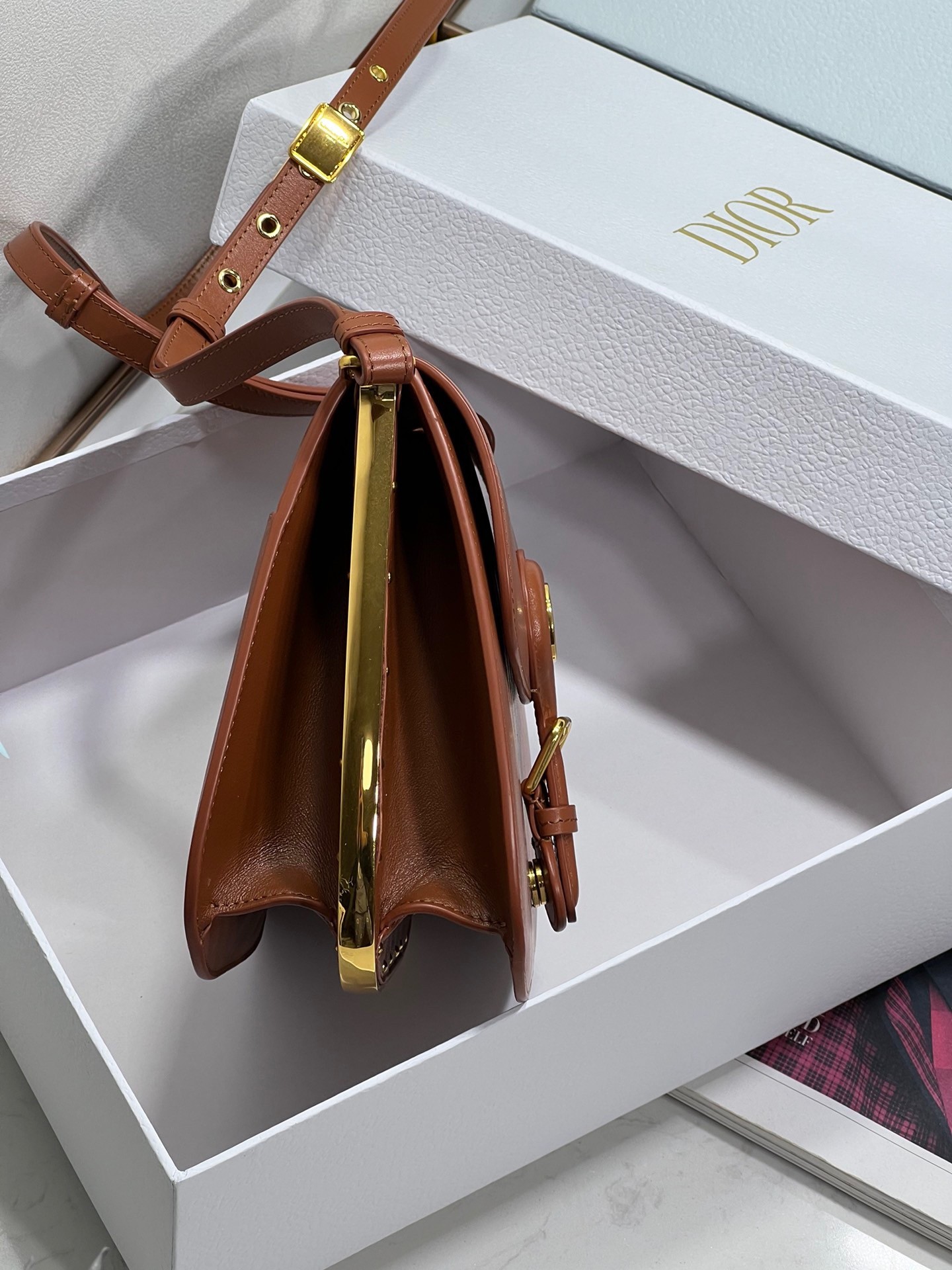 D*or bobby frame bag in brown box calfskin