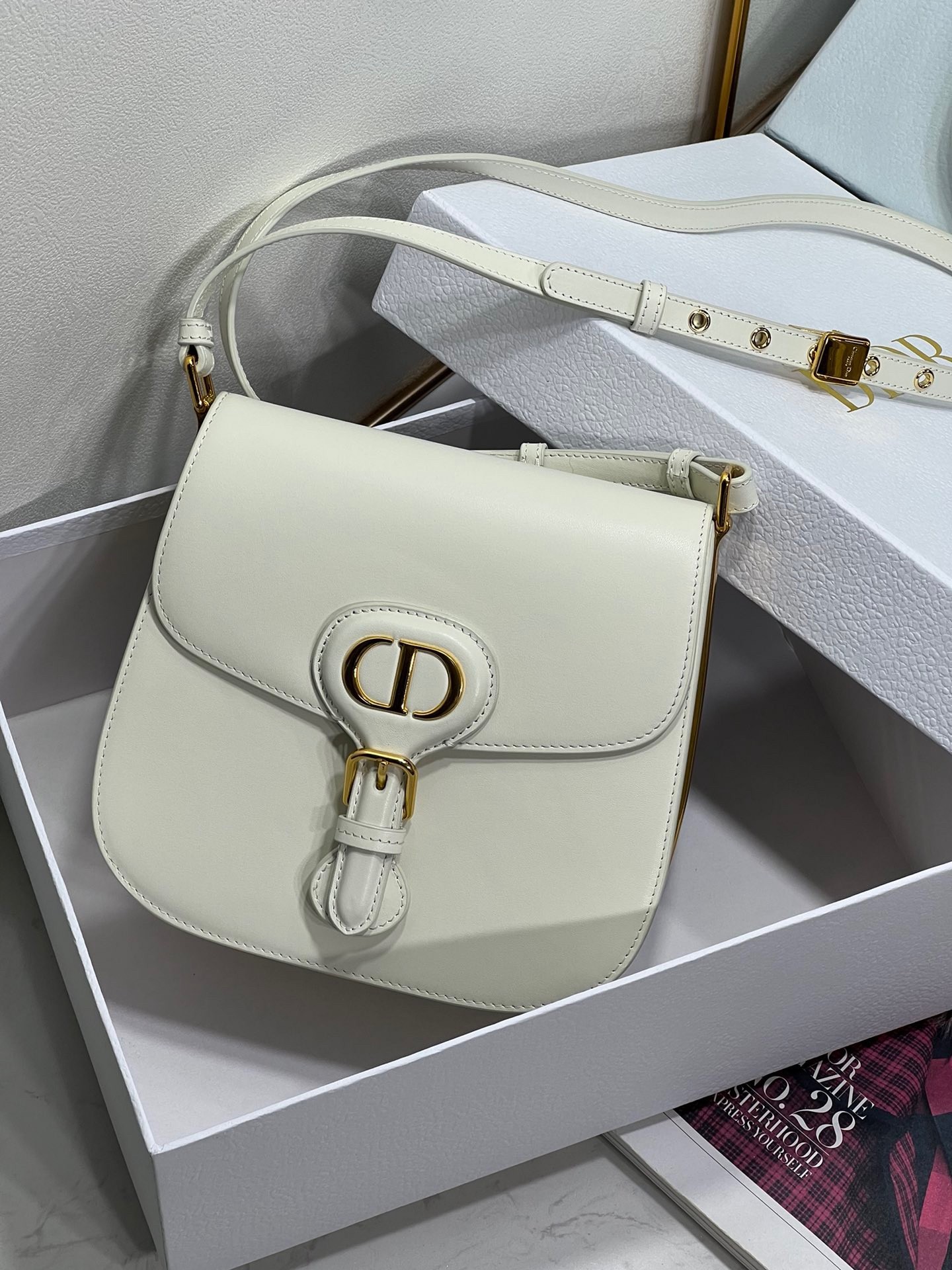 D*or bobby frame bag in white box calfskin