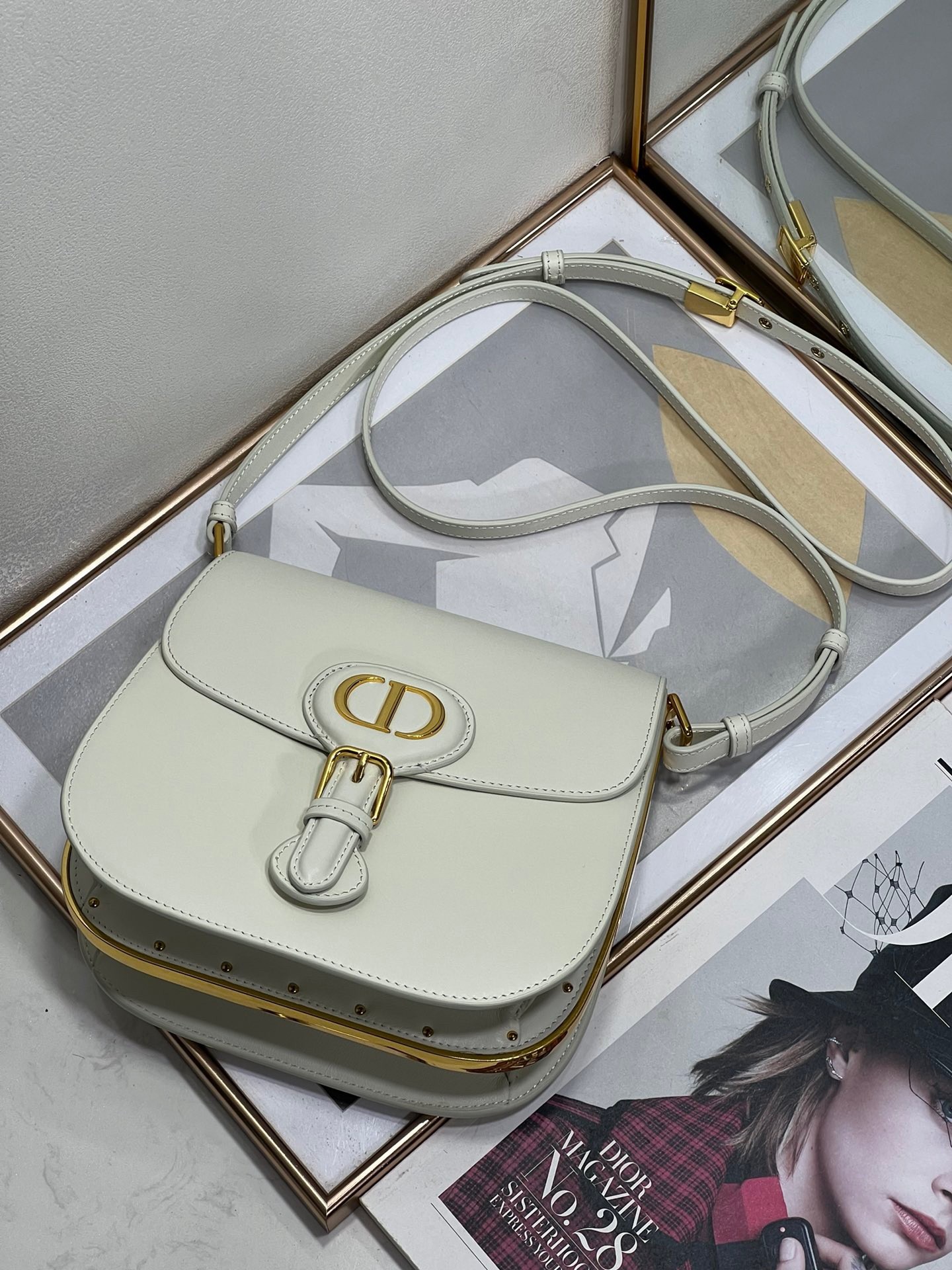 D*or bobby frame bag in white box calfskin