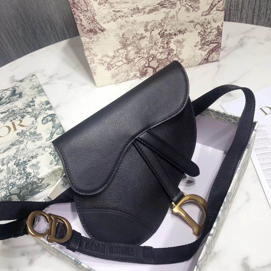D*or saddle belt bag in black grained calfskin