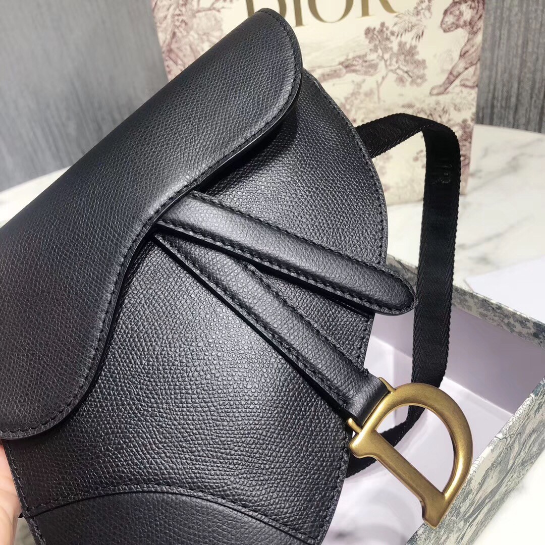 D*or saddle belt bag in black grained calfskin