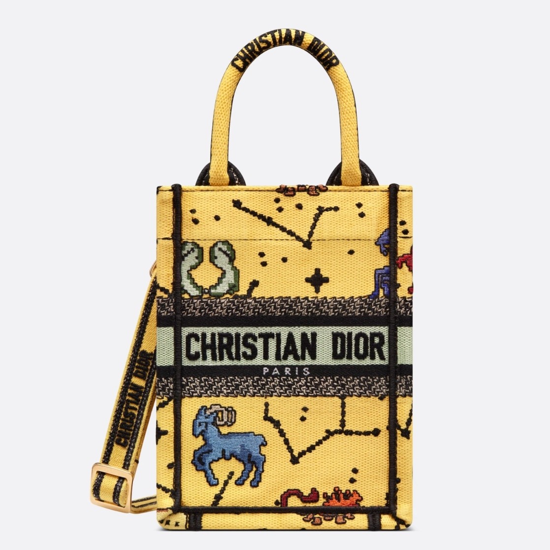 D*or mini book tote phone bag in yellow pixel zodiac embroidery
