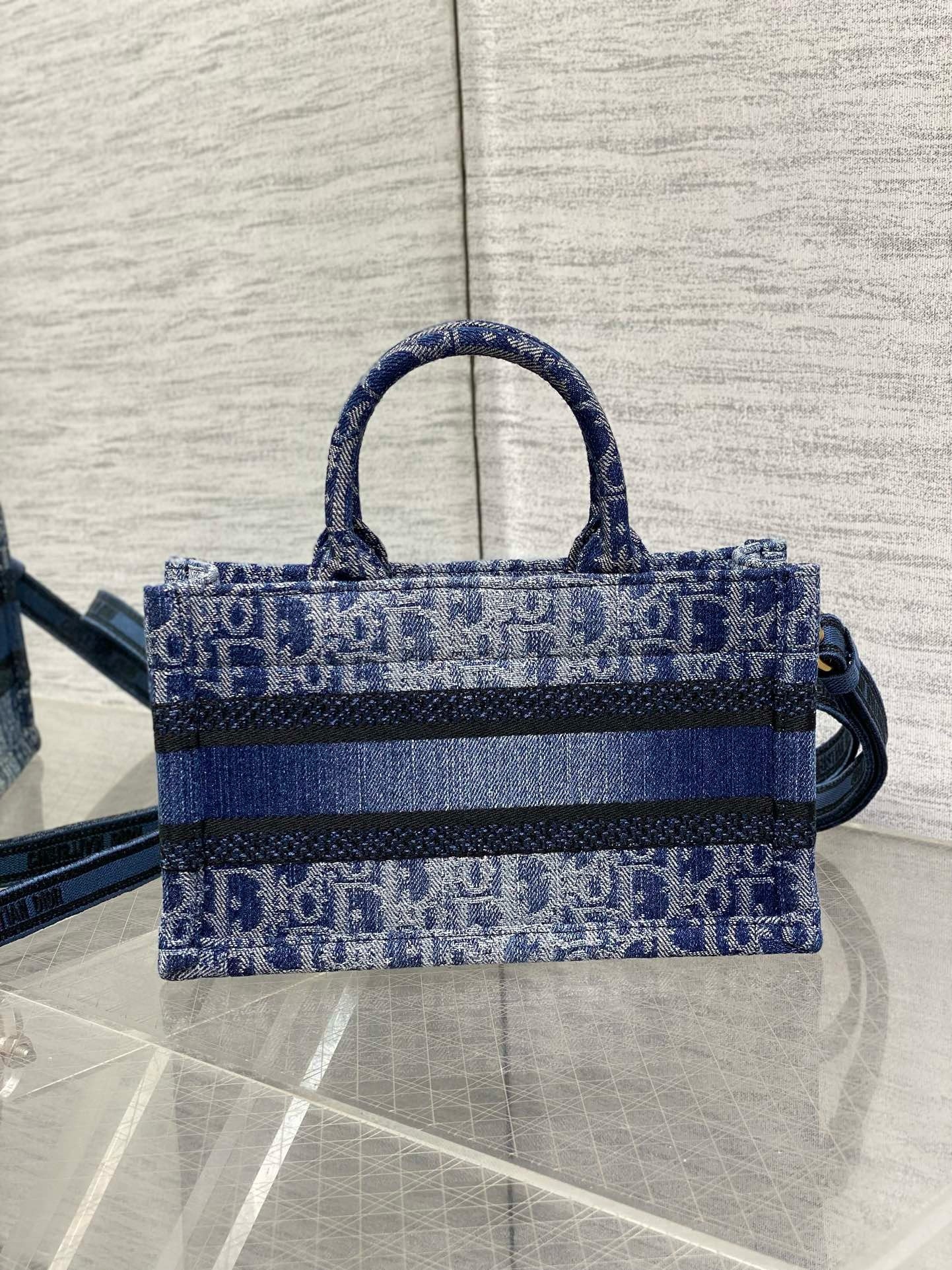 D*or mini book tote with strap in blue denim oblique jacquard