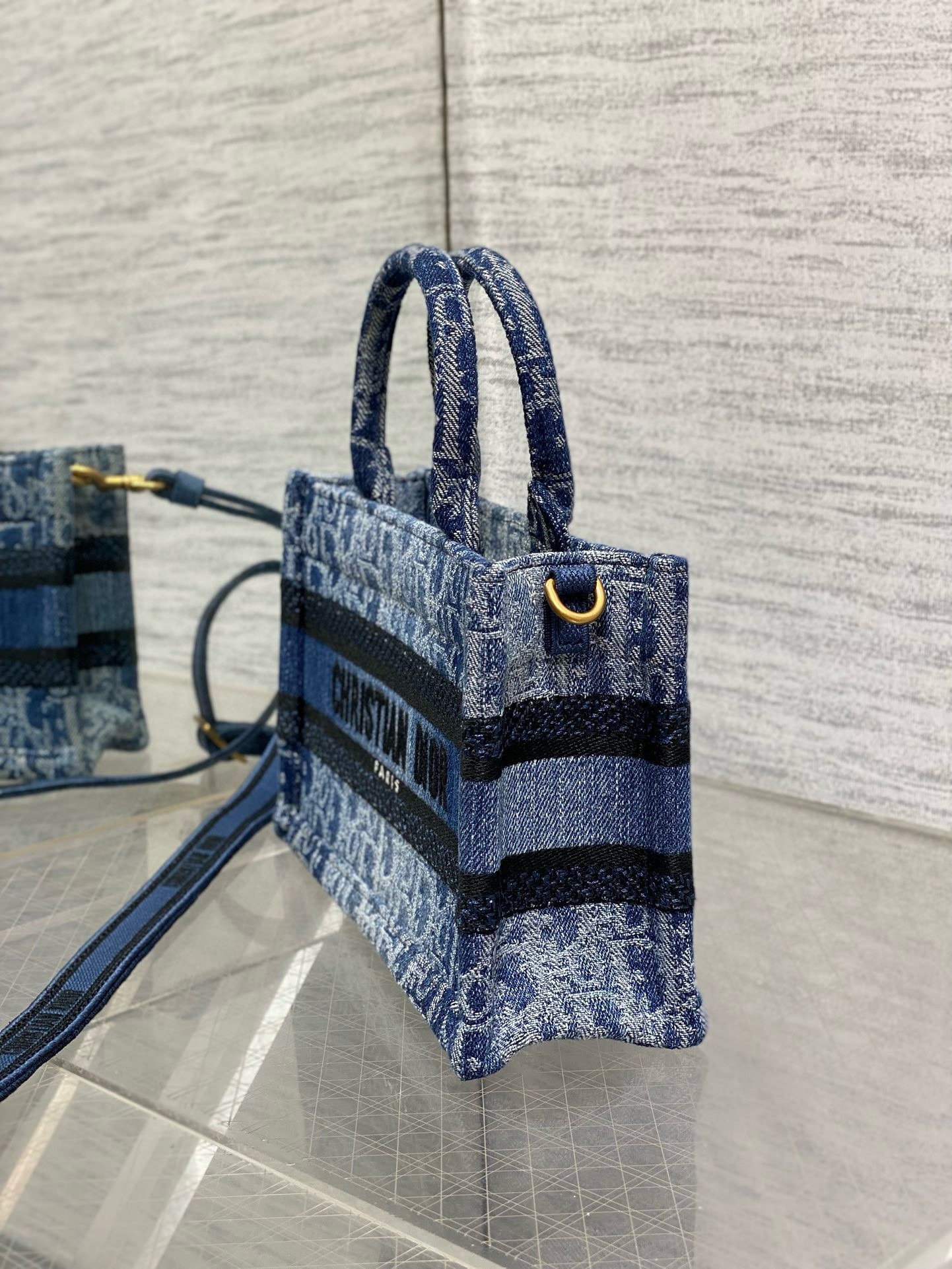 D*or mini book tote with strap in blue denim oblique jacquard