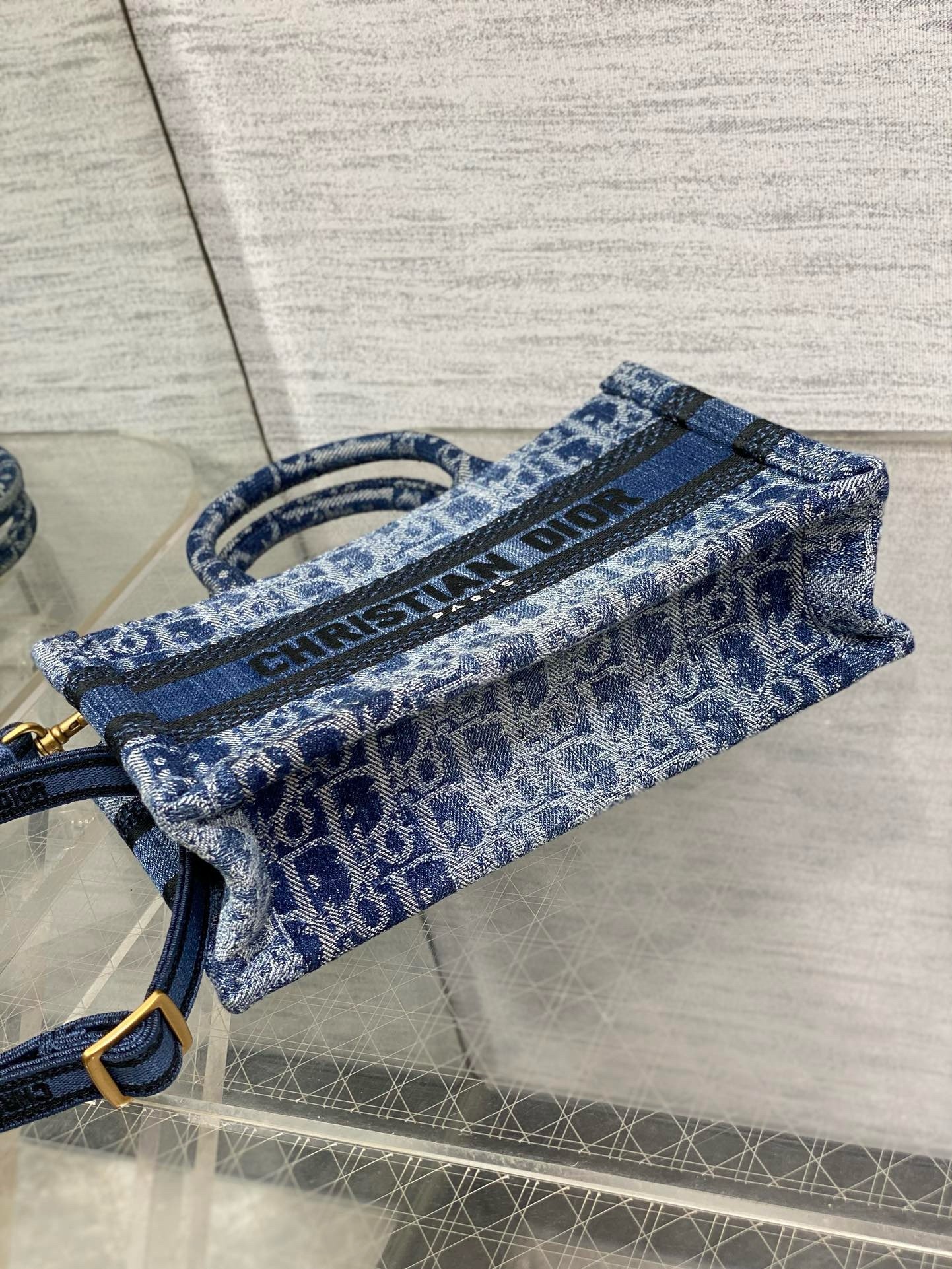 D*or mini book tote with strap in blue denim oblique jacquard