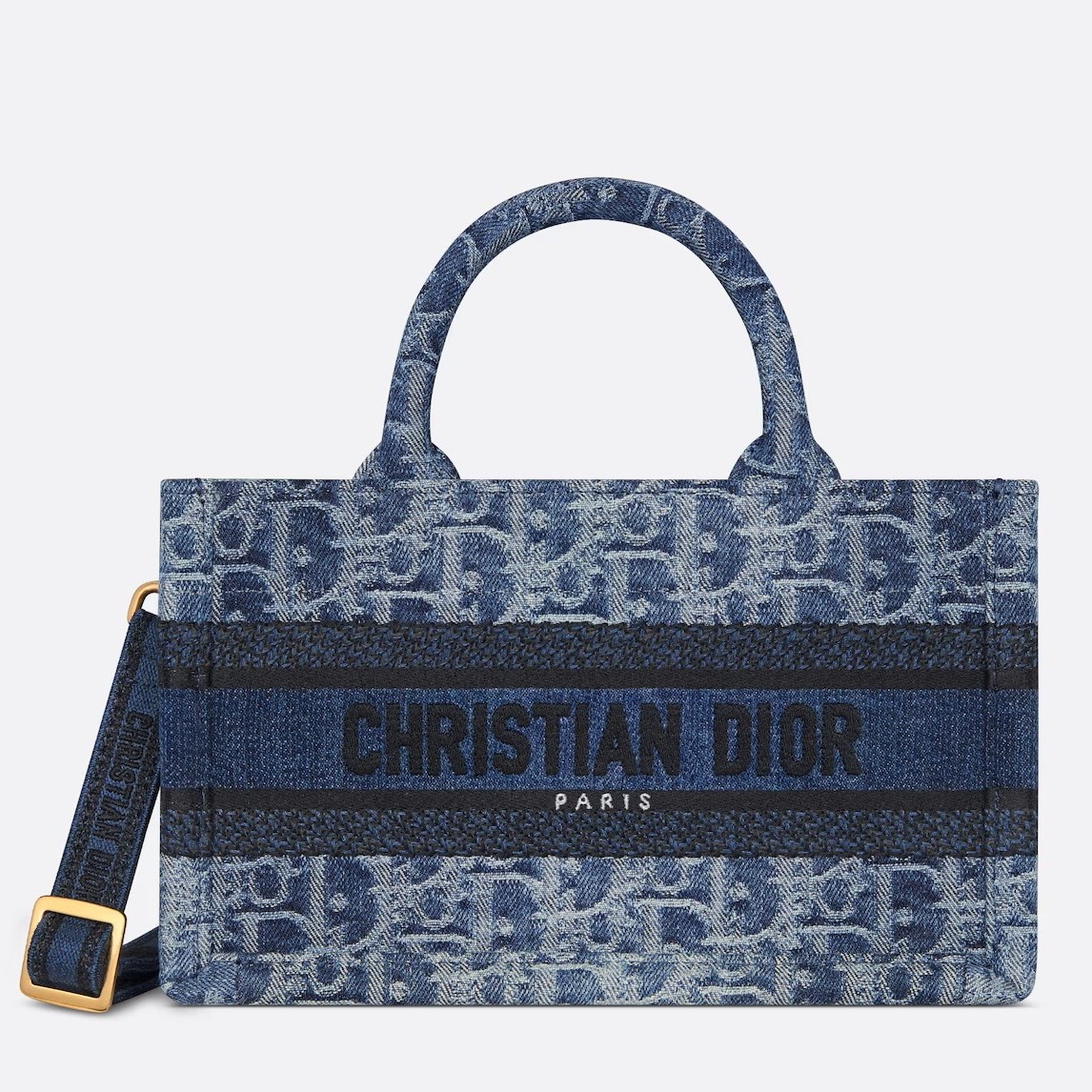D*or mini book tote with strap in blue denim oblique jacquard