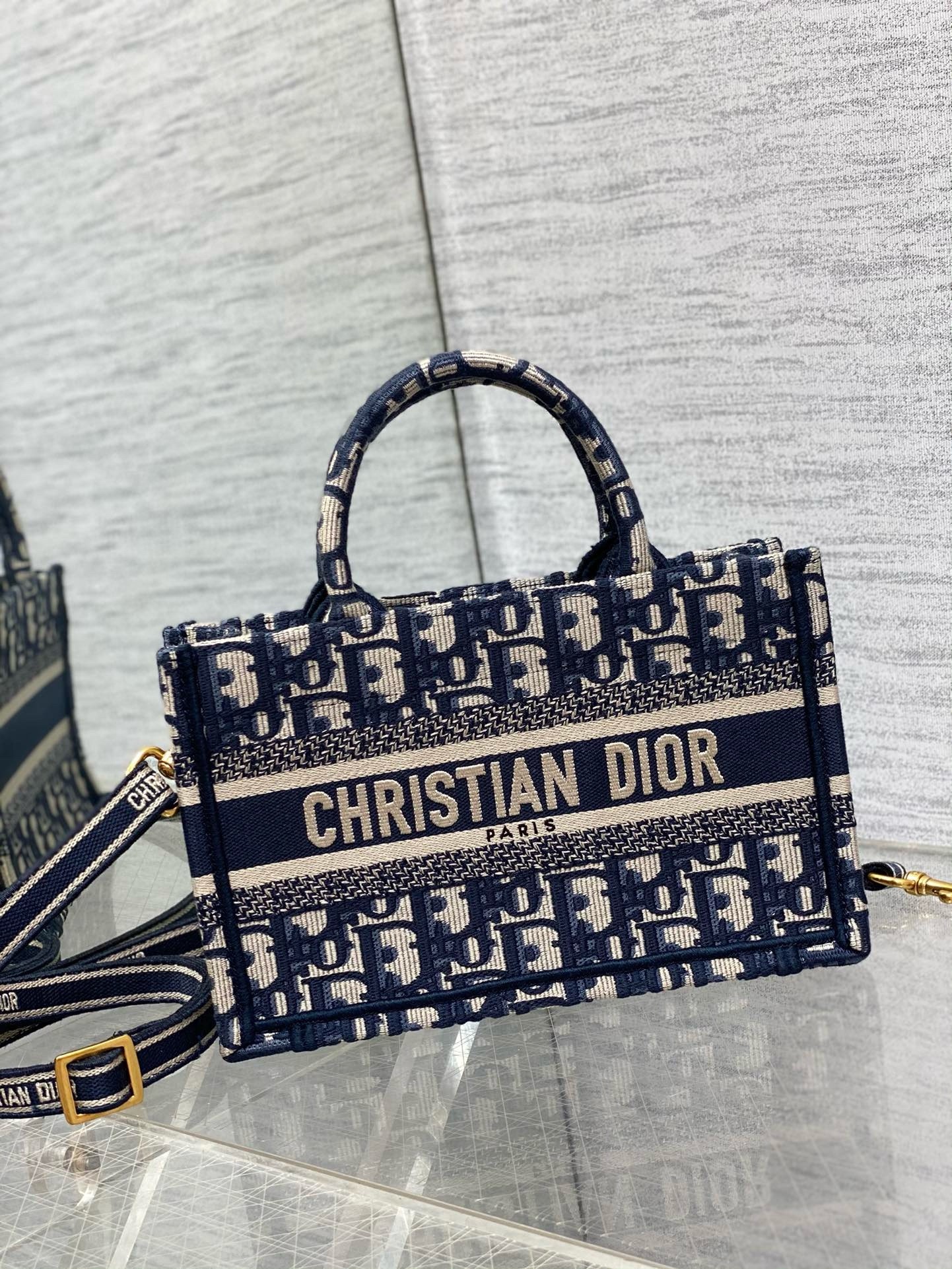 D*or mini book tote with strap in blue D*or oblique embroidery