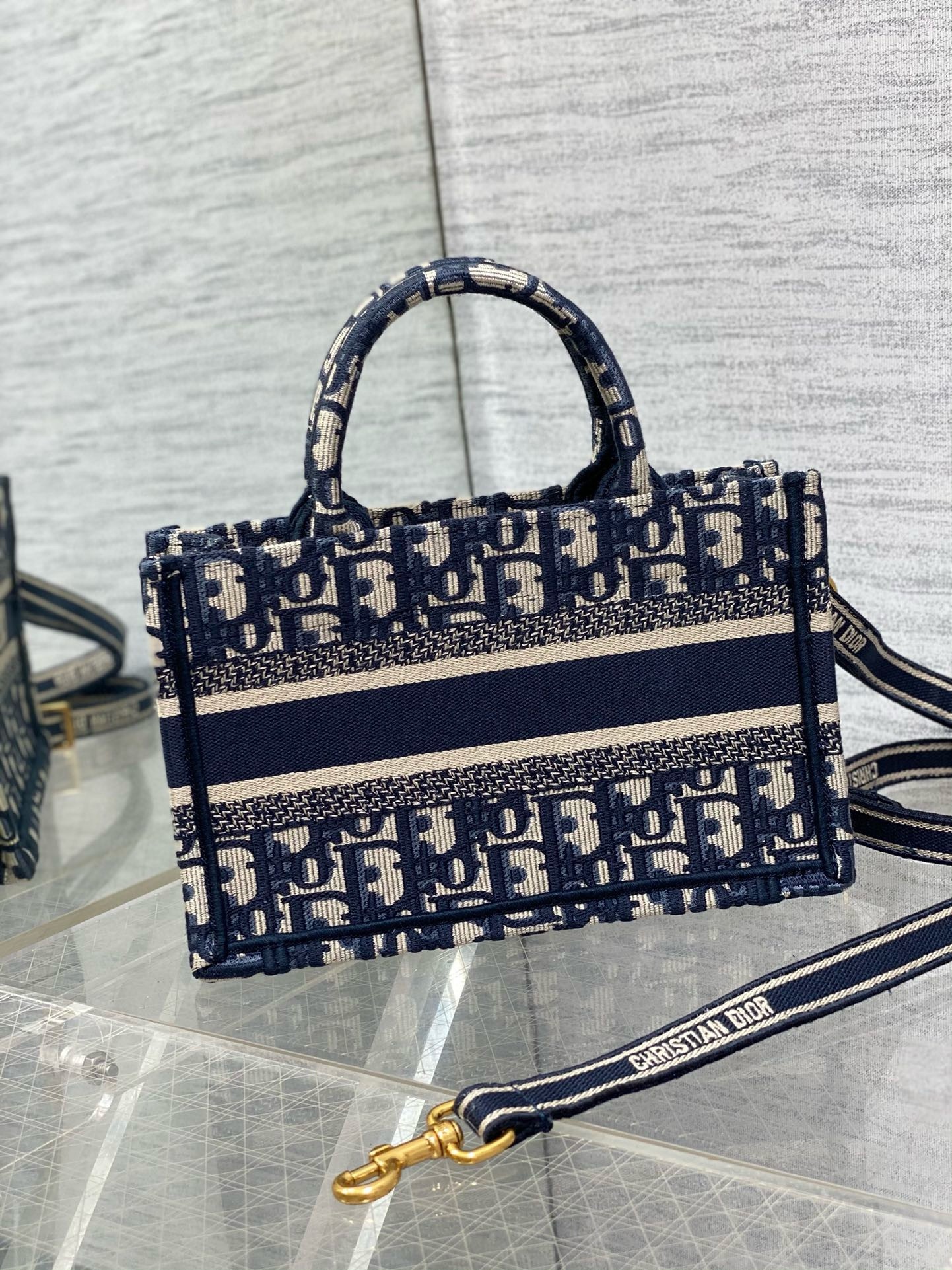 D*or mini book tote with strap in blue D*or oblique embroidery