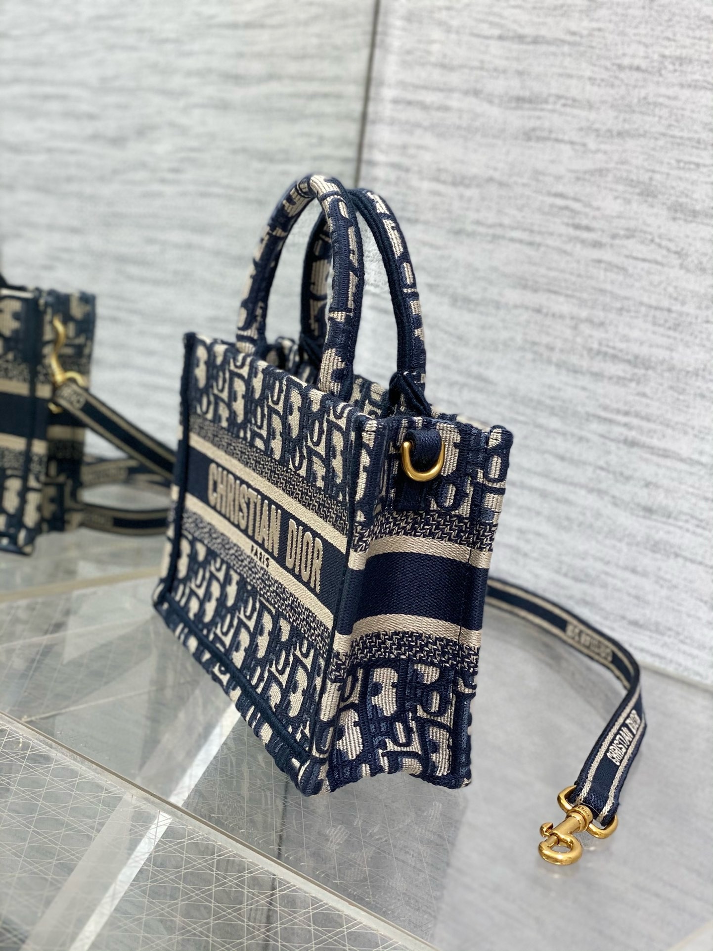 D*or mini book tote with strap in blue D*or oblique embroidery