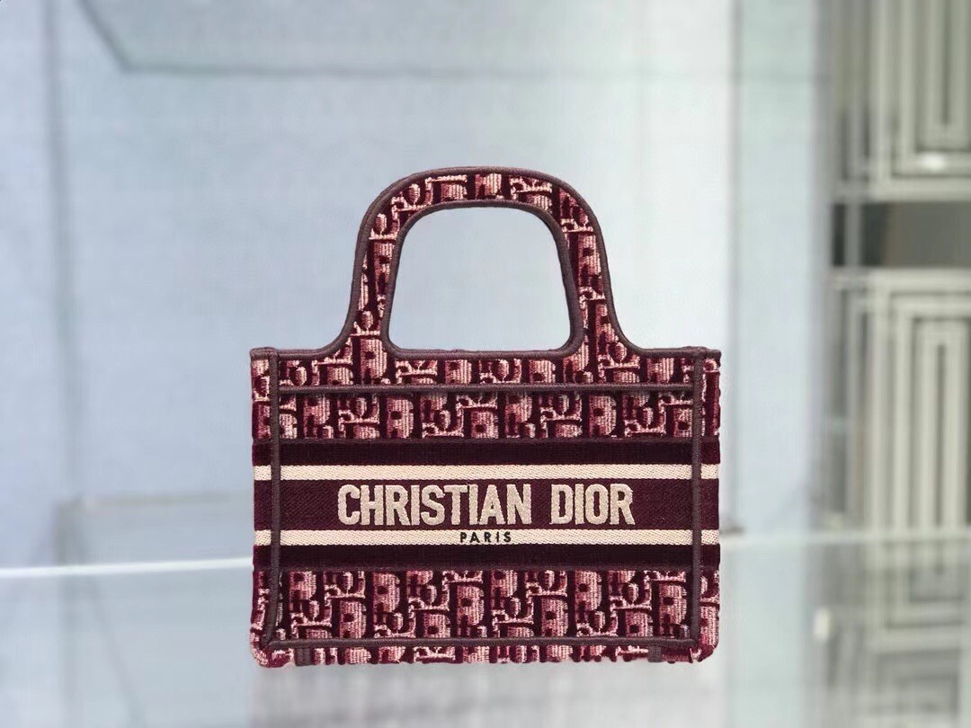 D*or mini book tote bag in bordeaux oblique embroidered velvet