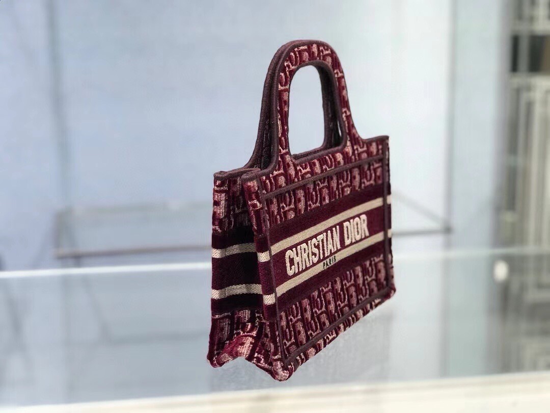 D*or mini book tote bag in bordeaux oblique embroidered velvet