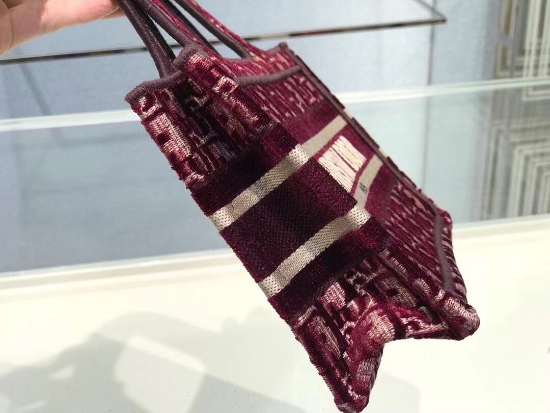 D*or mini book tote bag in bordeaux oblique embroidered velvet