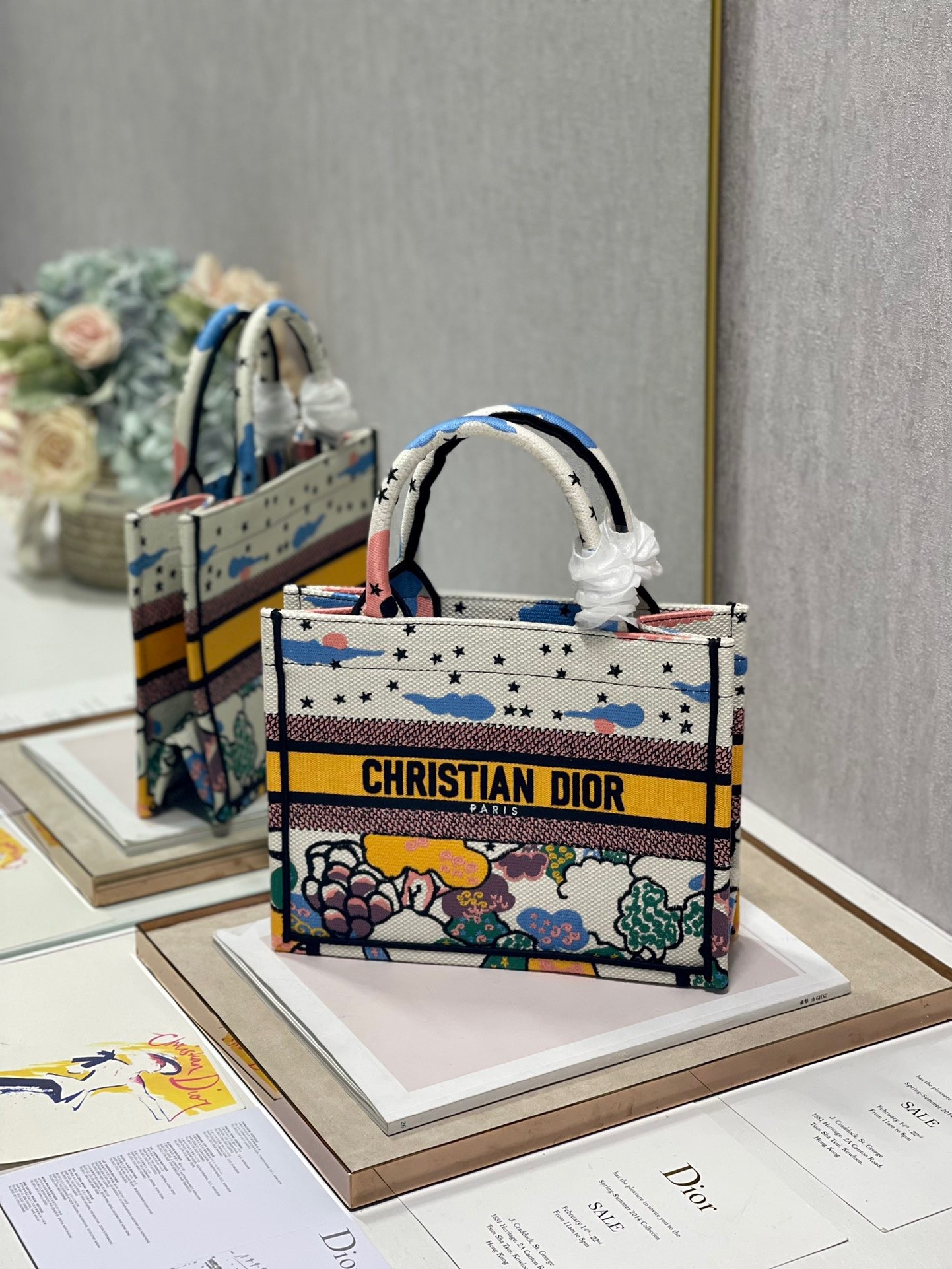 D*or small book tote bag in ciel de reve embroidery